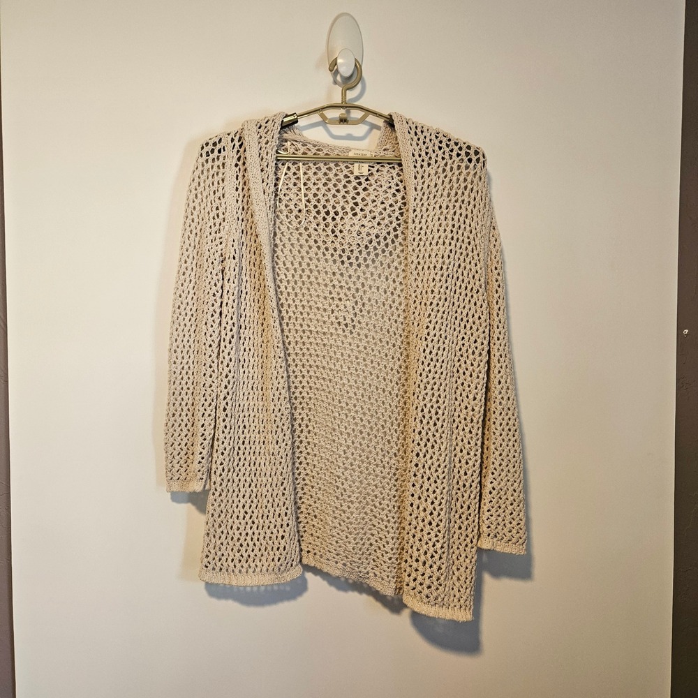 Nicole Miller Open Knit Crochet Hooded Cardigan Sweater XXL Cream Boho Mermaid